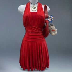 Y2K Red Halter Dance Dress Sparkle Ruched Club Mini Dress Made in USA XXS